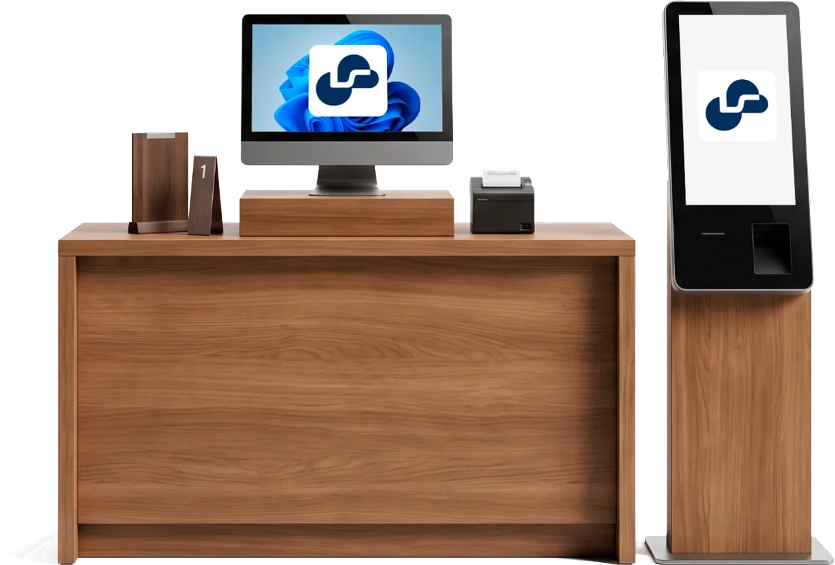 Balcão de atendimento com monitor e totem de autoatendimento