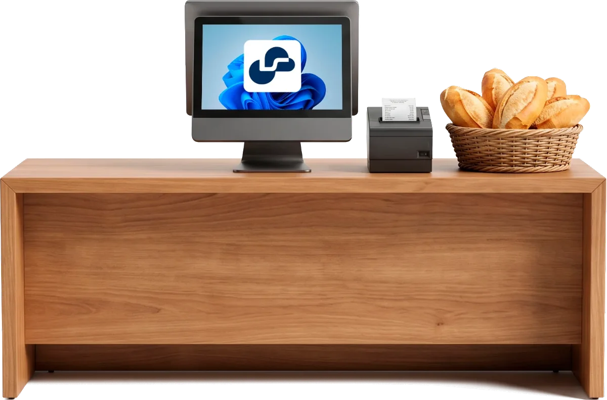 Balcão de padaria com monitor, impressora e cesta de pães